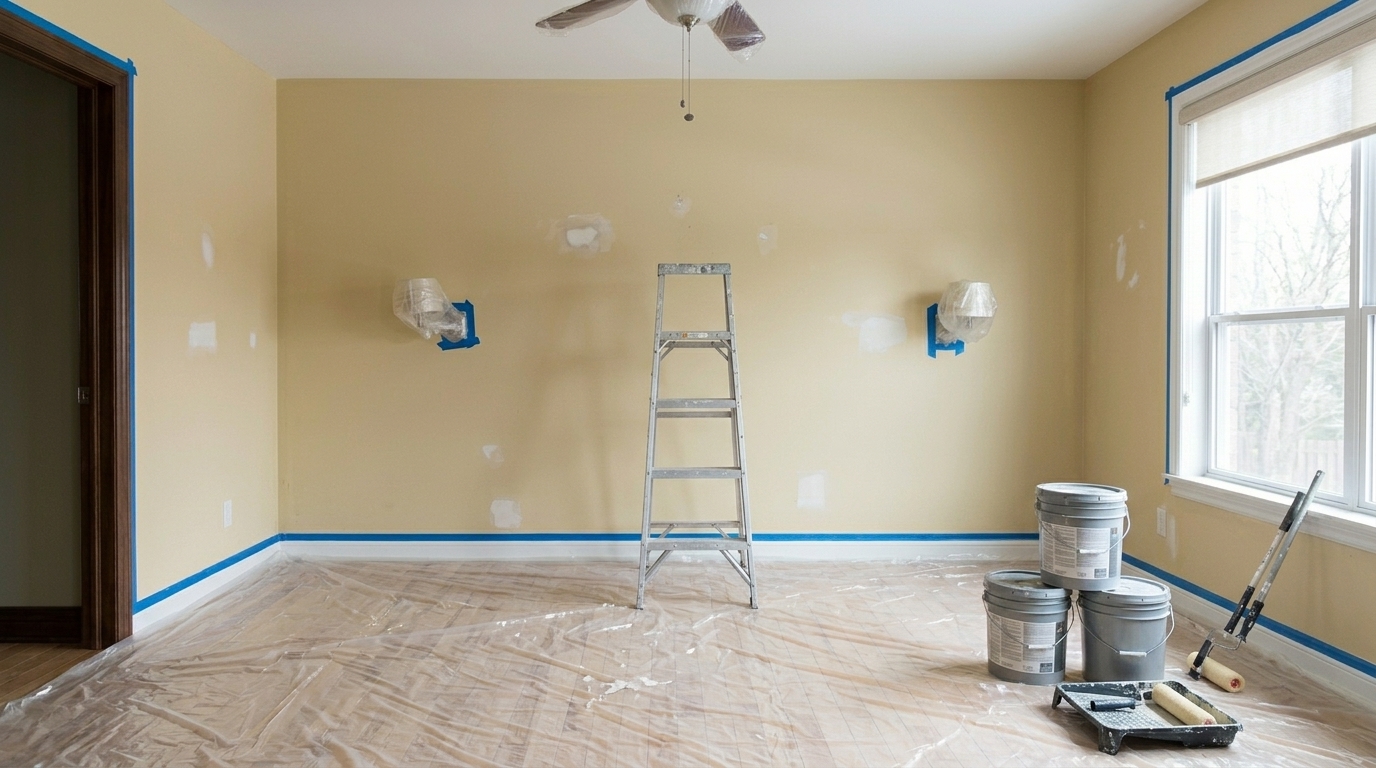 Chambre en préparation avec appliques protégées et matériel de peinture