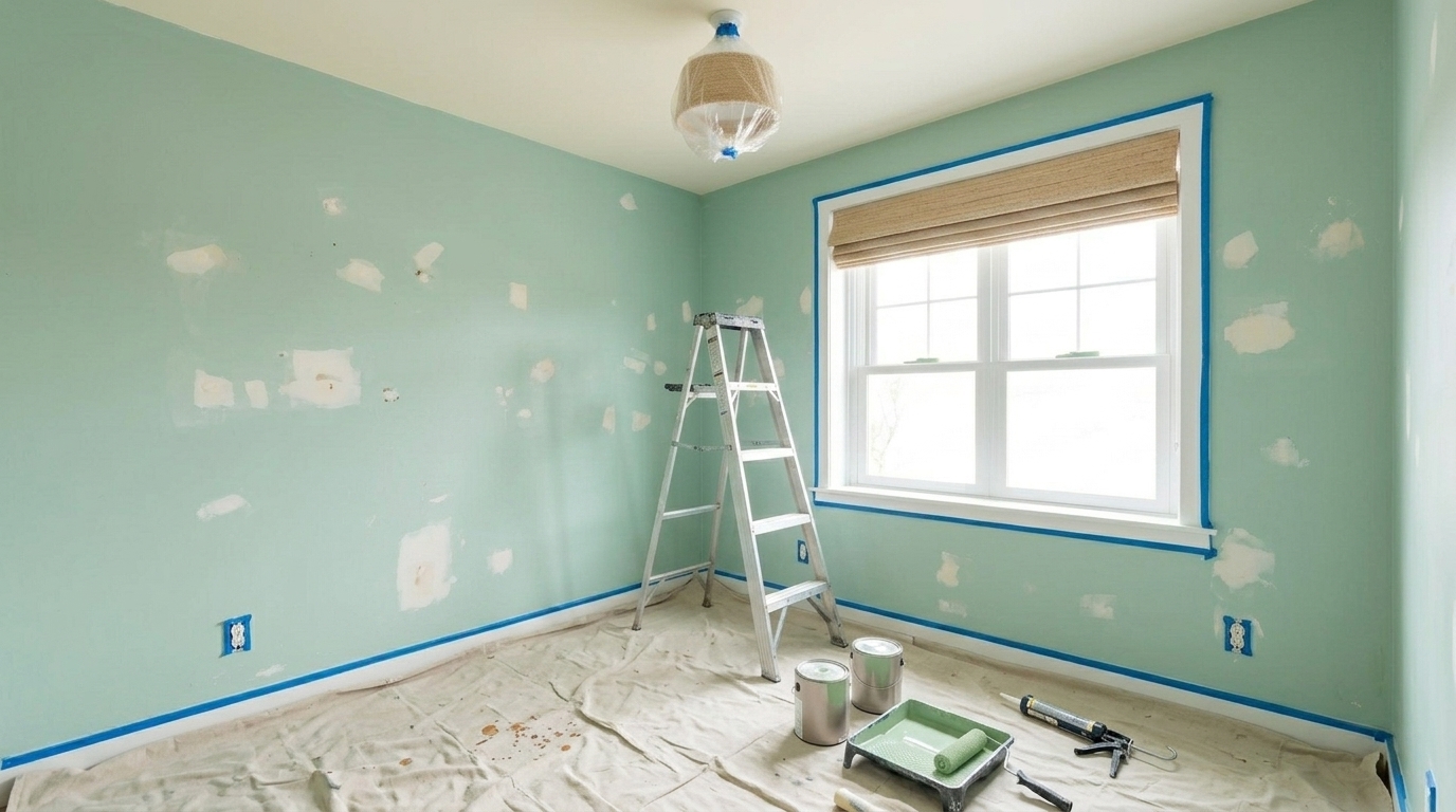 Chambre en préparation avec luminaire protégé et baldes de peinture sage