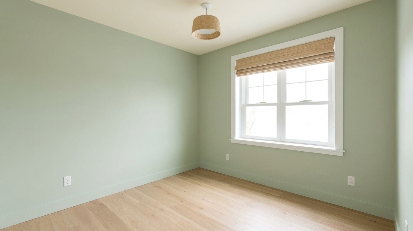 Chambre serene en sage prête pour l'emménagement