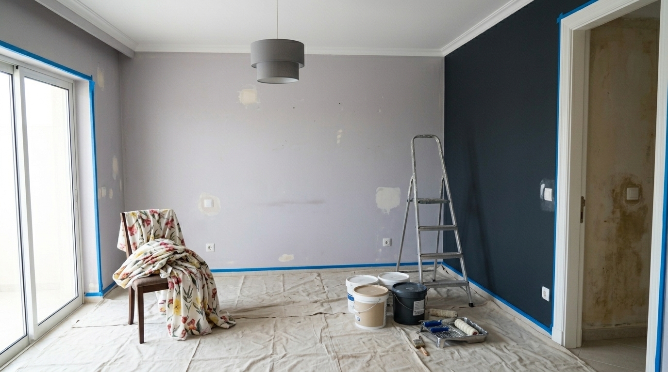 Chambre en préparation avec ruban bleu sur fenêtre et plinthes