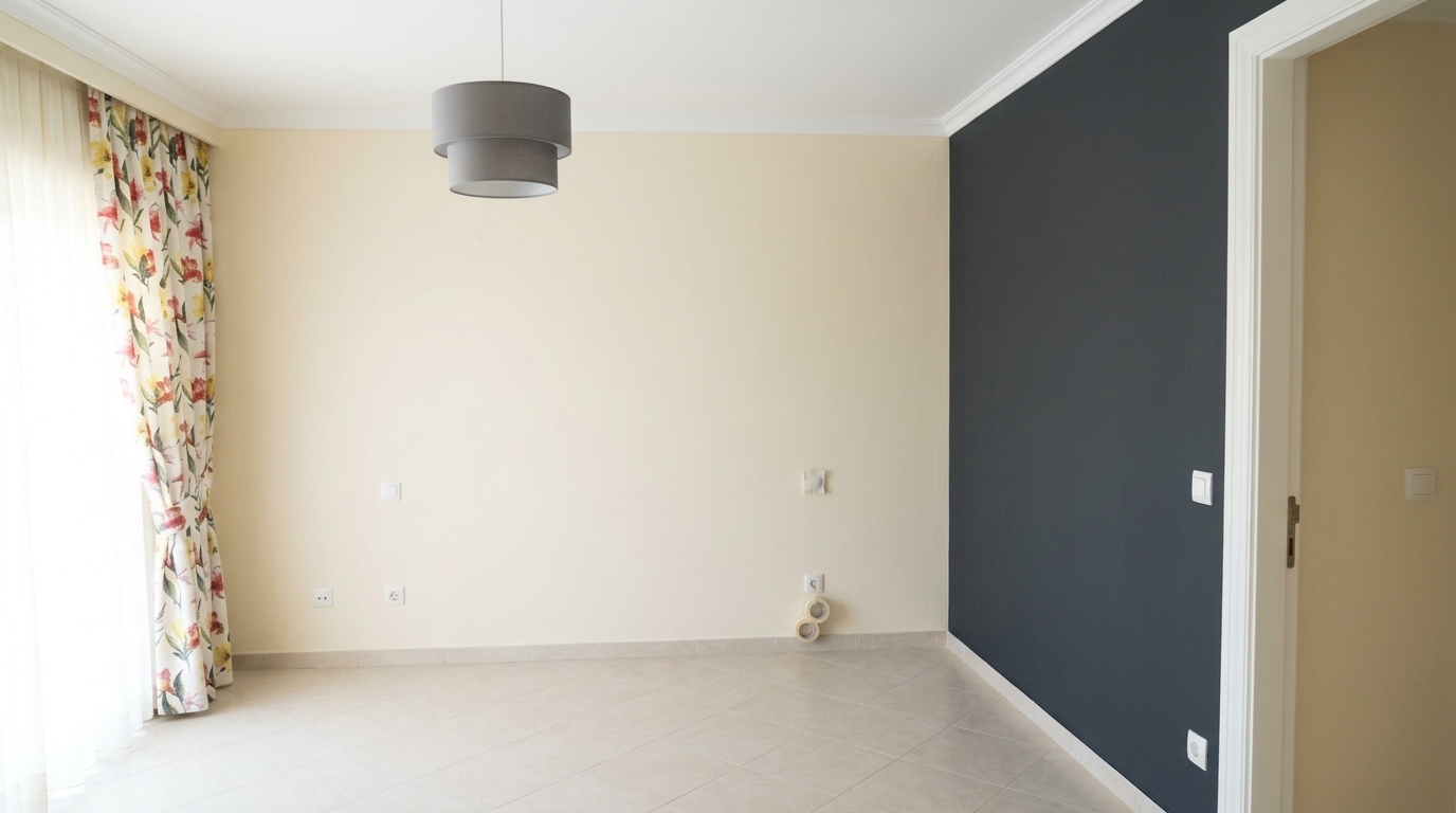 Chambre moderne avec mur d'accent charbon et fenêtre habillée
