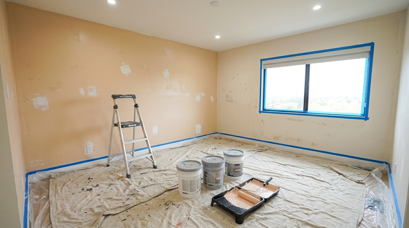 Chambre principale en préparation pour peinture sage
