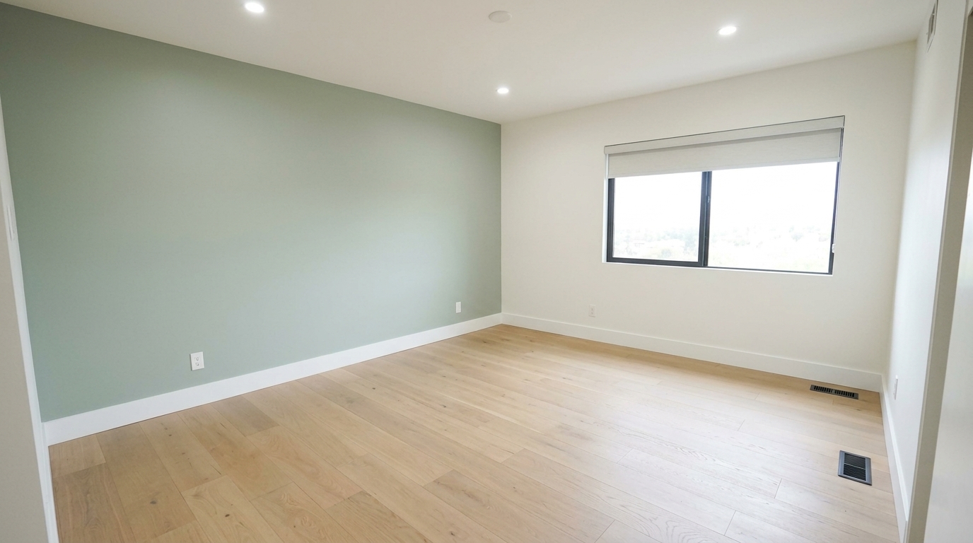 Chambre principale spacieuse avec mur d'accent sage et plancher de bois
